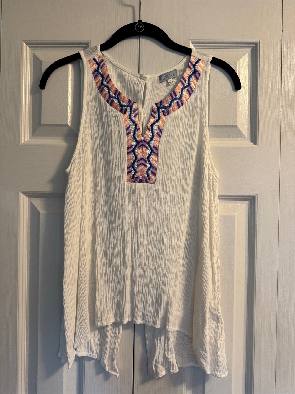 Abbeline White Sleeveless Tank with Pink & Blue Embroidered Yoke
